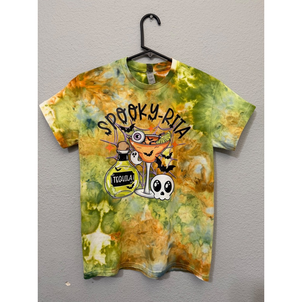 Spooky-Rita Halloween Tee S Slim Fit Women Tie Dye Graphic T-Shirt Green Orange